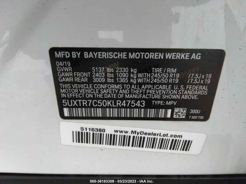 VIN 5UXTR7C50KLR47543 2019 BMW X3 SDRIVE30I