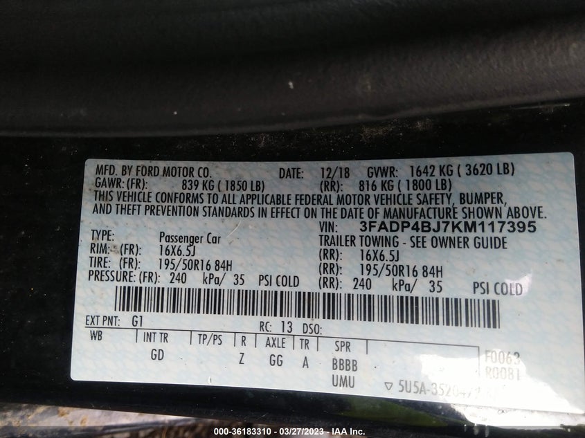 VIN 3FADP4BJ7KM117395 2019 FORD FIESTA SE