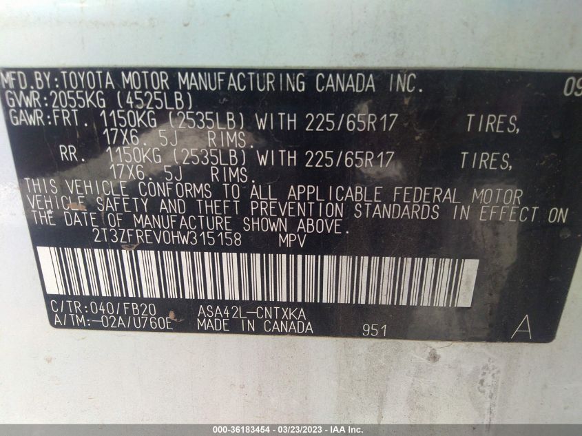 2017 TOYOTA RAV4 LE - 2T3ZFREV0HW315158
