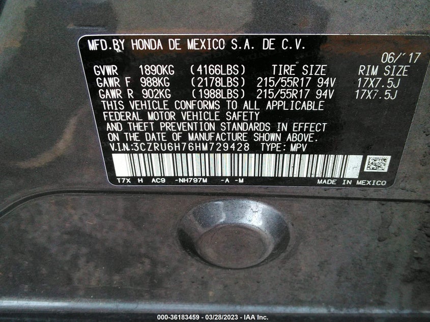 VIN 3CZRU6H76HM729428 2017 HONDA HR-V EX-L NAVI