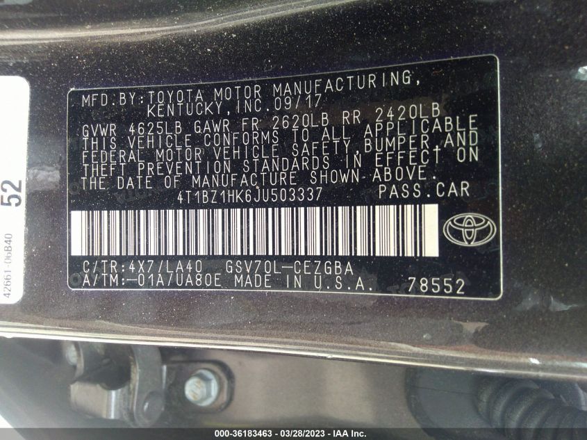 2018 TOYOTA CAMRY V6 - 4T1BZ1HK6JU503337
