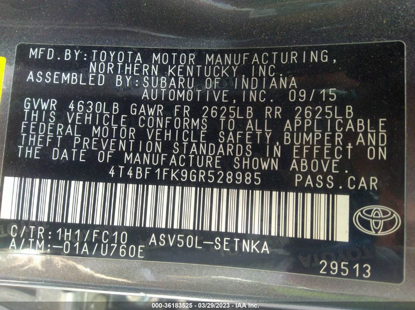 2016 TOYOTA CAMRY XLE/SE/LE/XSE - 4T4BF1FK9GR528985