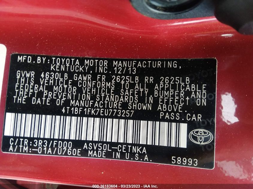 2014 TOYOTA CAMRY L/LE/XLE/SE/SE SPORT 4T1BF1FK7EU773257