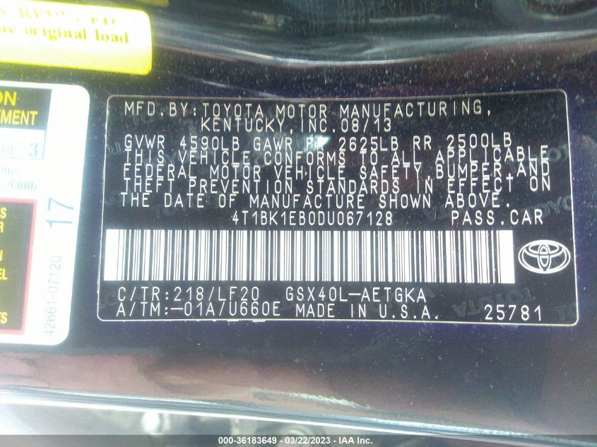 2013 TOYOTA AVALON XLE/LIMITED - 4T1BK1EB0DU067128