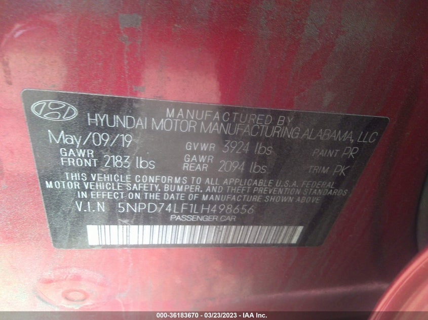 VIN 5NPD74LF1LH498656 2020 HYUNDAI ELANTRA SE