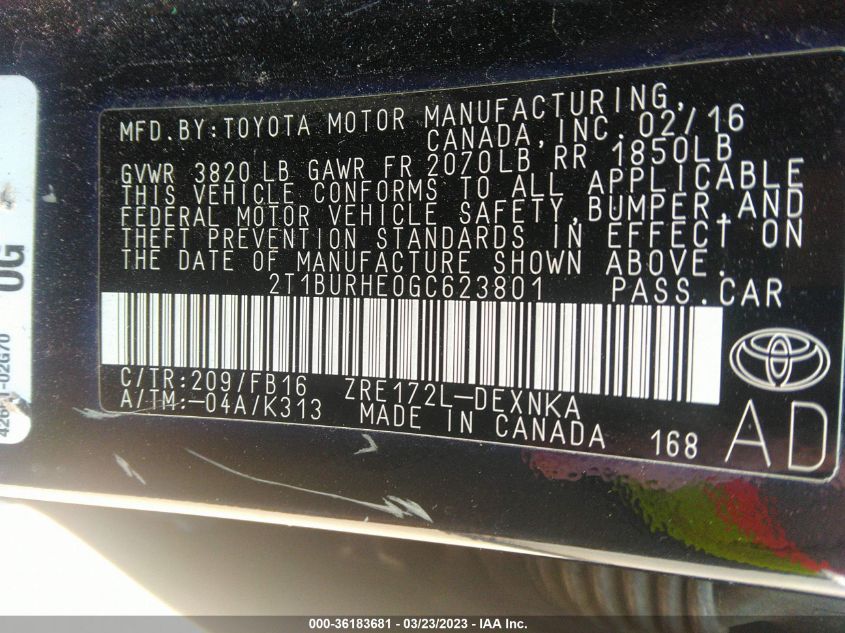 2016 TOYOTA COROLLA L/LE/S/S PLUS/LE PLUS - 2T1BURHE0GC623801