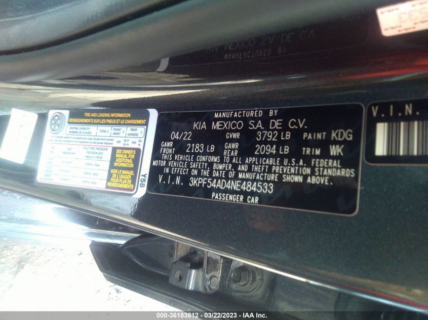 2022 KIA FORTE GT-LINE - 3KPF54AD4NE484533