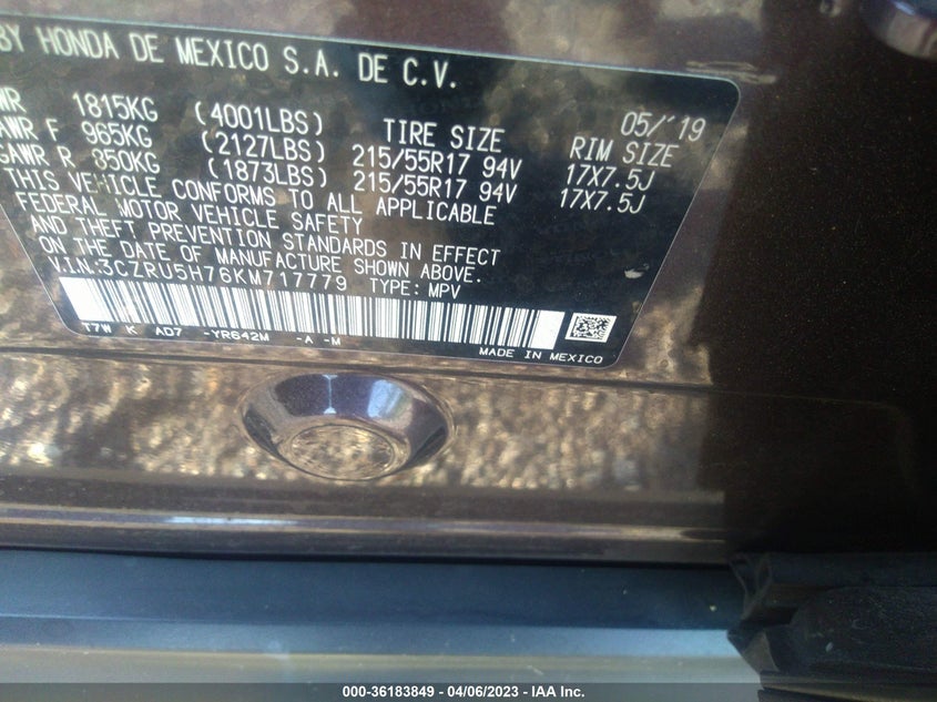 VIN 3CZRU5H76KM717779 2019 HONDA HR-V EX-L