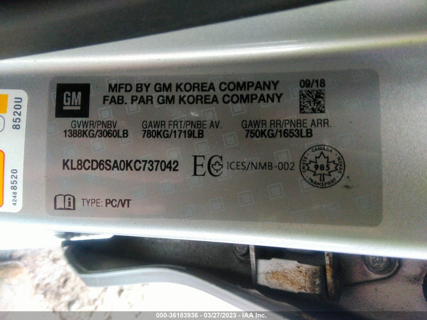 VIN KL8CD6SA0KC737042 2019 CHEVROLET SPARK LT