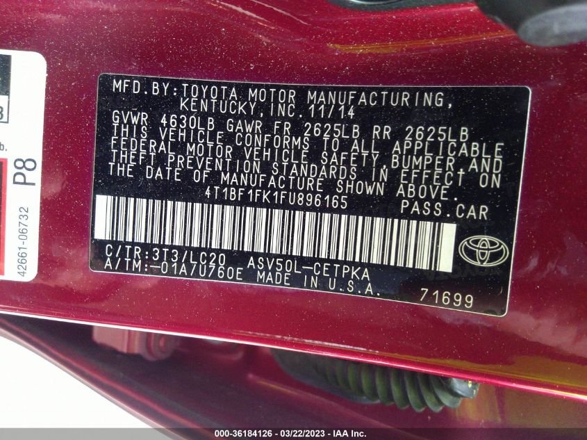2015 TOYOTA CAMRY XLE/SE/LE/XSE - 4T1BF1FK1FU896165