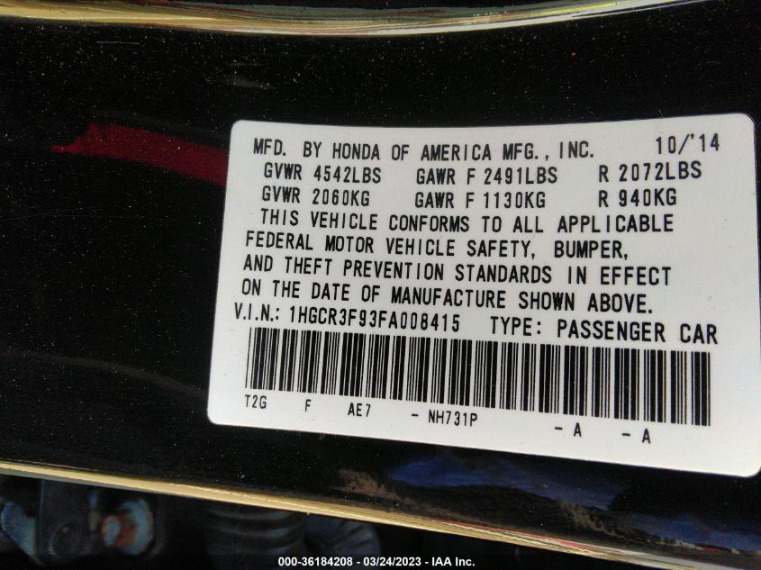 2015 HONDA ACCORD SEDAN TOURING - 1HGCR3F93FA008415