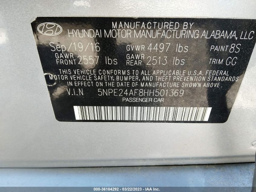 2017 HYUNDAI SONATA 2.4L - 5NPE24AF8HH501369