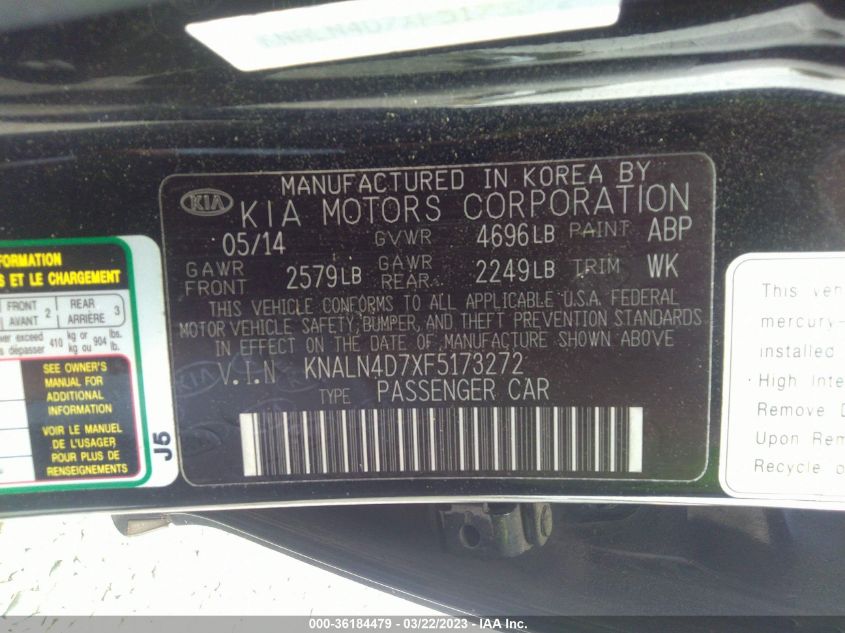 2015 KIA CADENZA PREMIUM KNALN4D7XF5173272