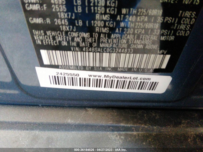 2016 SUBARU OUTBACK 2.5I LIMITED - 4S4BSALC0G3244833