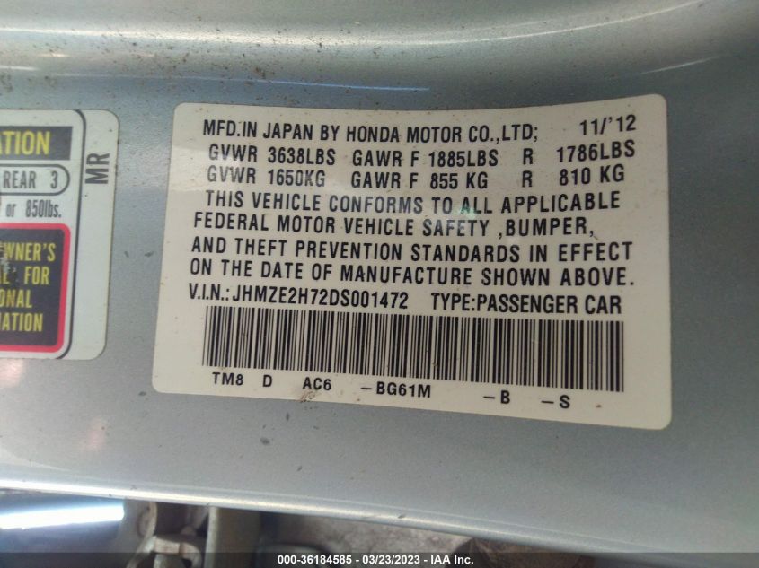 2013 HONDA INSIGHT EX JHMZE2H72DS001472