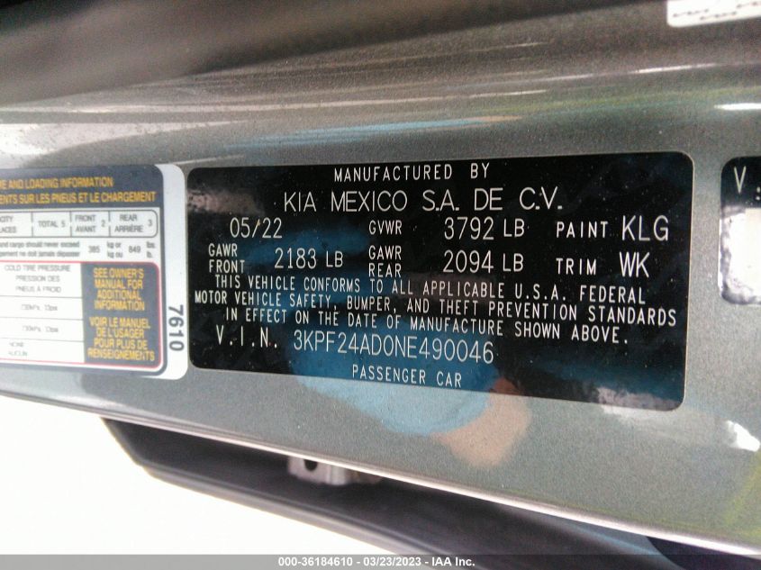 2022 KIA FORTE LXS - 3KPF24AD0NE490046