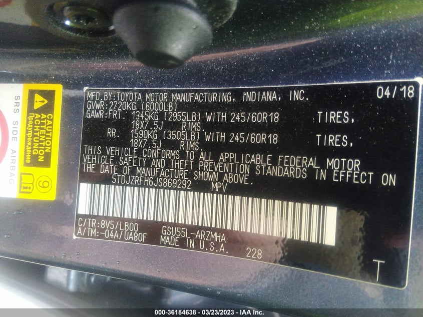 VIN 5TDJZRFH6JS869292 2018 TOYOTA HIGHLANDER SE/XLE