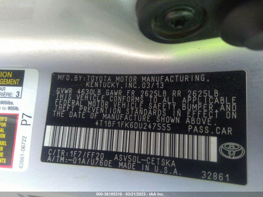 2013 TOYOTA CAMRY L/LE/SE/XLE - 4T1BF1FK6DU247555