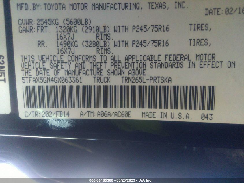 2016 TOYOTA TACOMA SR5/SR - 5TFAX5GN4GX063361