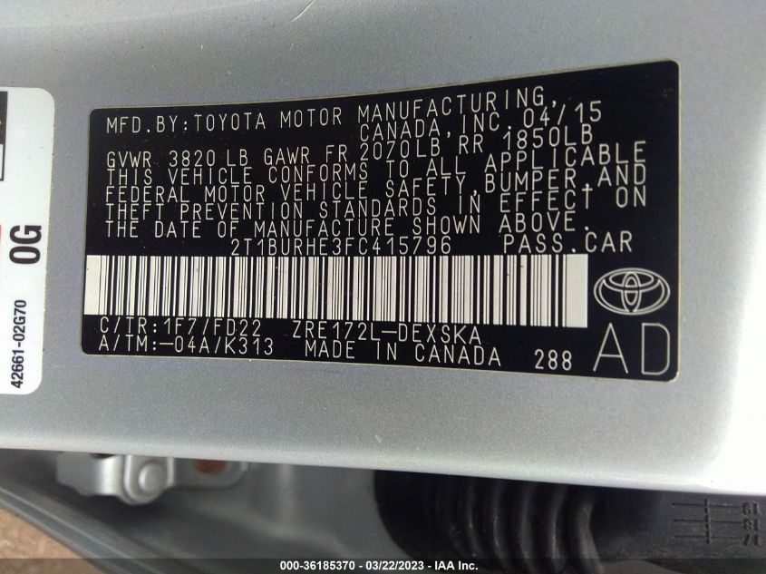 2015 TOYOTA COROLLA L/LE/S/S PLUS/LE PLUS - 2T1BURHE3FC415796