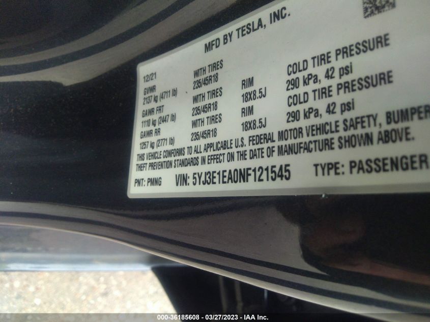 2022 TESLA MODEL 3 - 5YJ3E1EA0NF121545