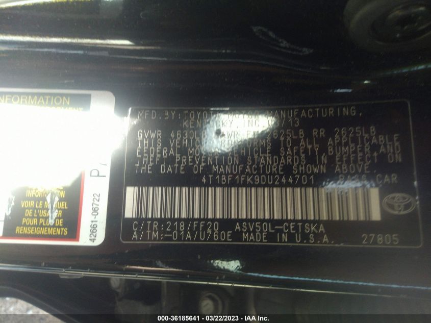 2013 TOYOTA CAMRY L/LE/SE/XLE - 4T1BF1FK9DU244701