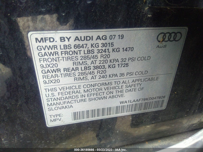 VIN WA1LAAF79KD047926 2019 AUDI Q7 PREMIUM PLUS