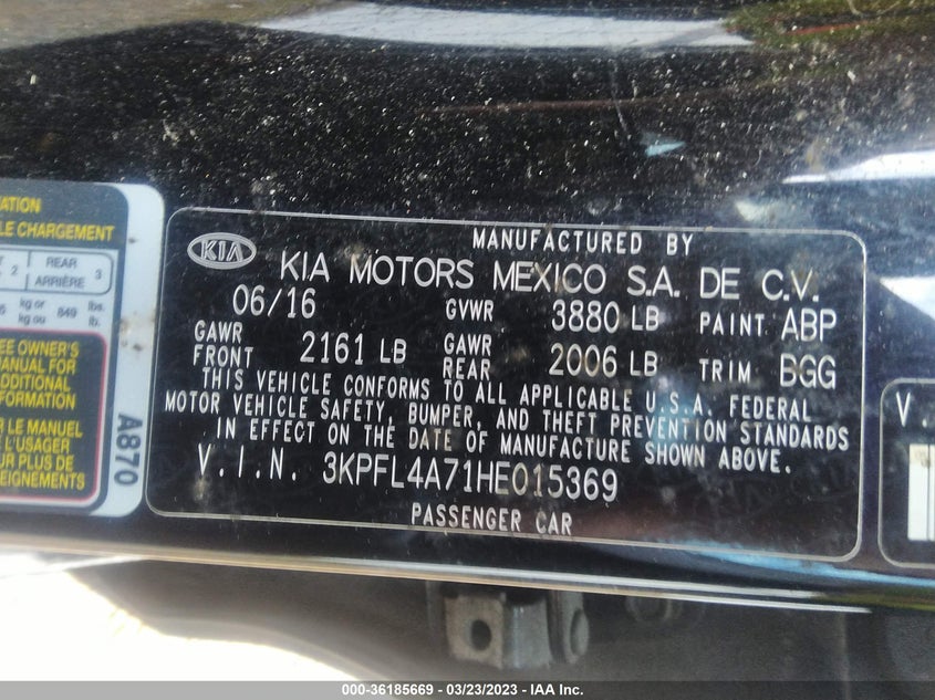 VIN 3KPFL4A71HE015369 2017 KIA FORTE LX