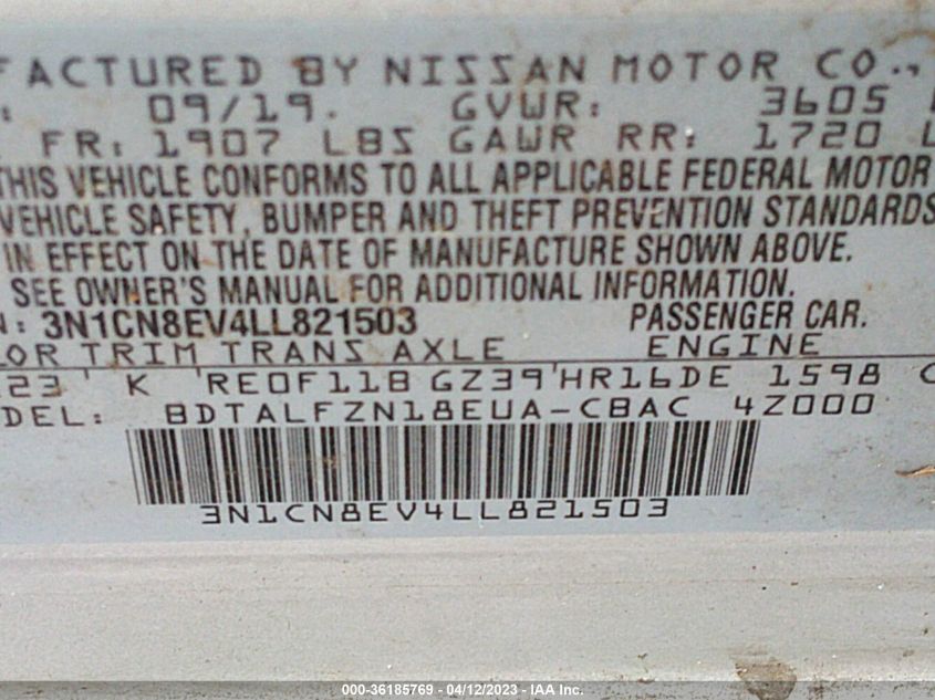 2020 NISSAN VERSA SV - 3N1CN8EV4LL821503