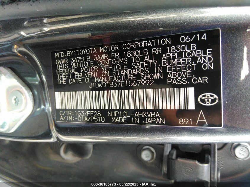 2014 TOYOTA PRIUS C ONE/THREE/TWO/FOUR - JTDKDTB37E1567992