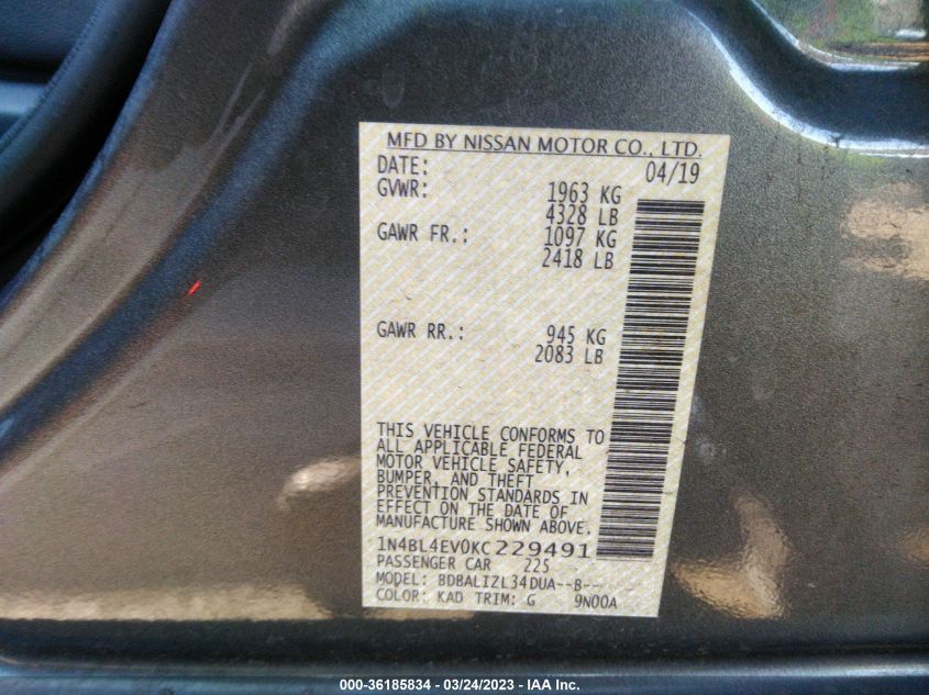2019 NISSAN ALTIMA 2.5 SL - 1N4BL4EV0KC229491