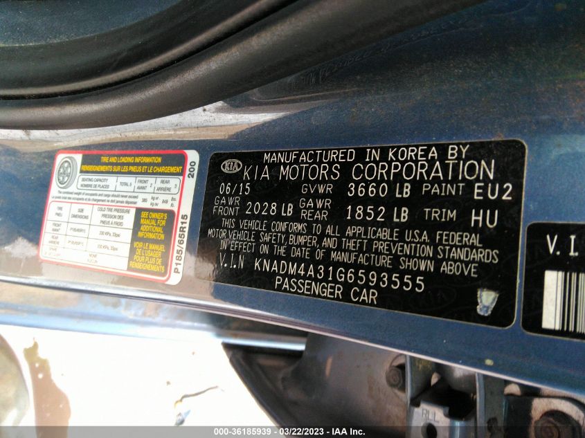 2016 KIA RIO LX - KNADM4A31G6593555