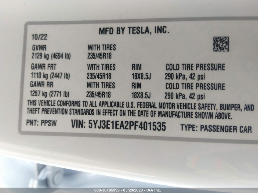 2023 TESLA MODEL 3 - 5YJ3E1EA2PF401535