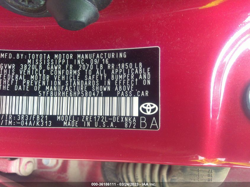 2017 TOYOTA COROLLA L/LE/XLE/SE - 5YFBURHE6HP580471