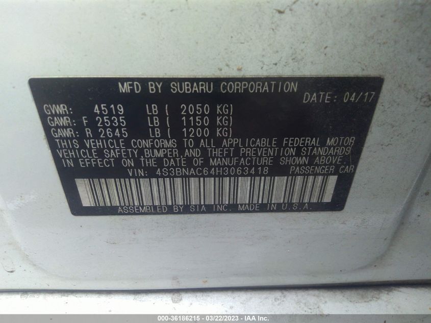 2017 SUBARU LEGACY PREMIUM - 4S3BNAC64H3063418