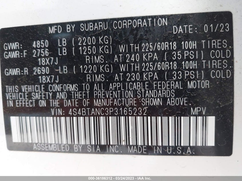 VIN 4S4BTANC3P3165232 2023 SUBARU OUTBACK LIMITED