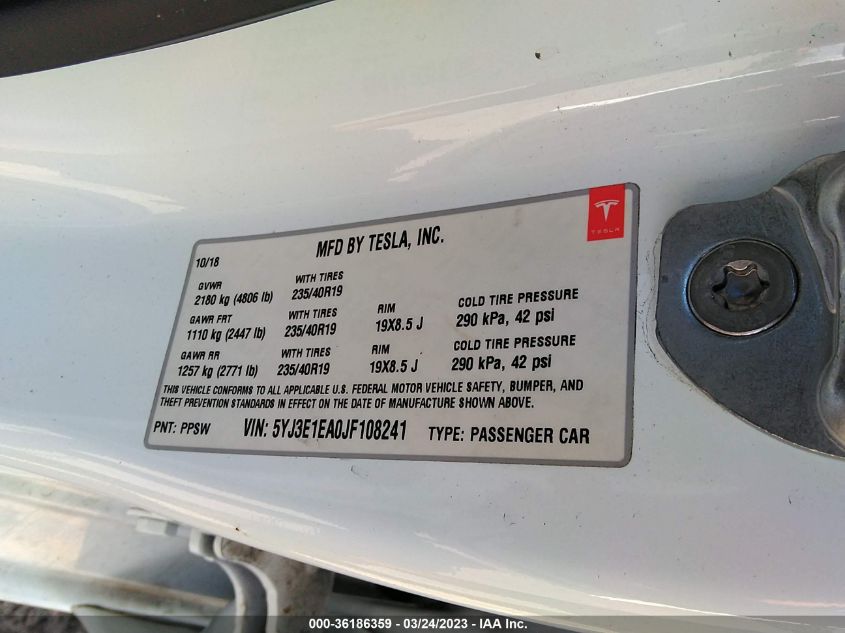 2018 TESLA MODEL 3 RANGE BATTERY - 5YJ3E1EA0JF108241