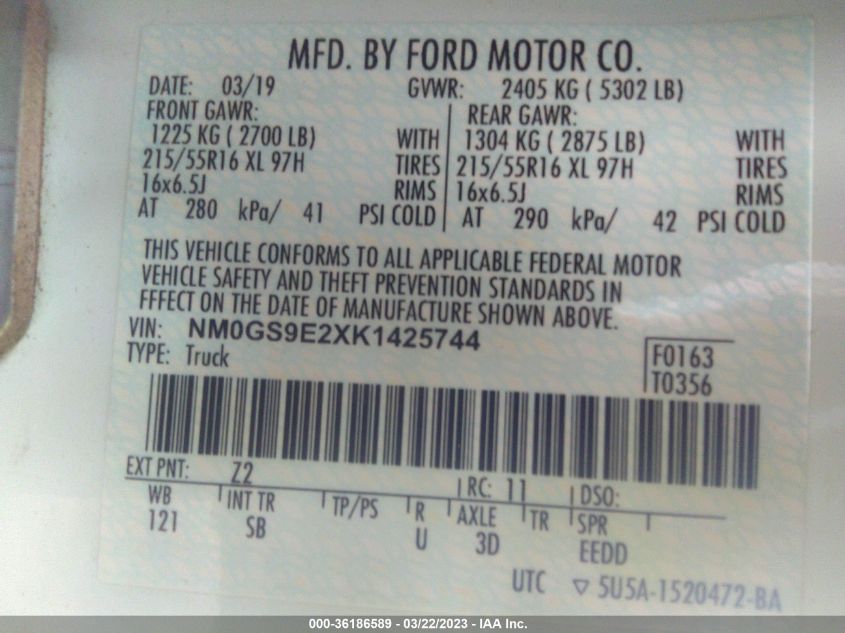 2019 FORD TRANSIT CONNECT WAGON XL NM0GS9E2XK1425744