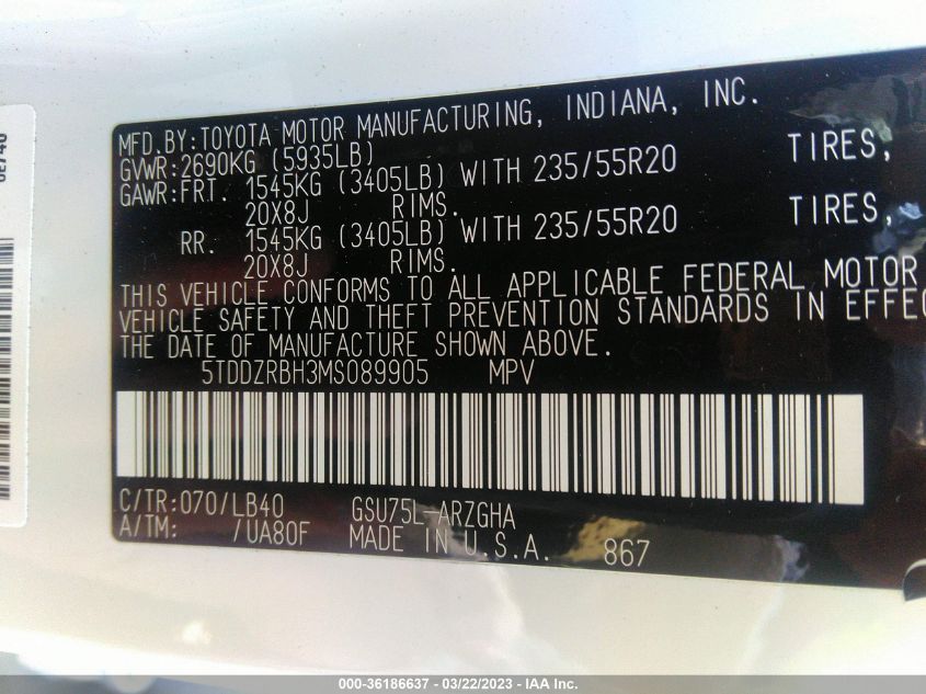 2021 TOYOTA HIGHLANDER LIMITED/PLATINUM - 5TDDZRBH3MS089905