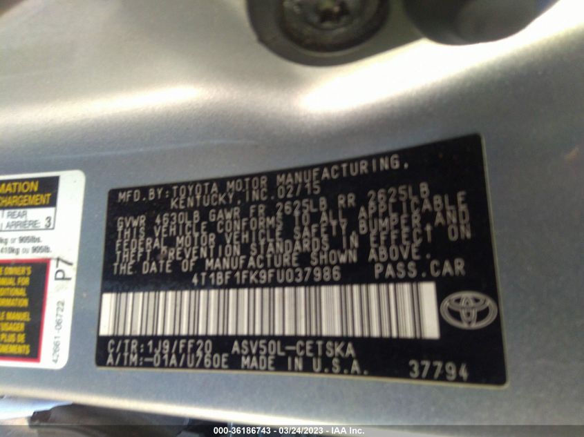 2015 TOYOTA CAMRY XLE/SE/LE/XSE - 4T1BF1FK9FU037986