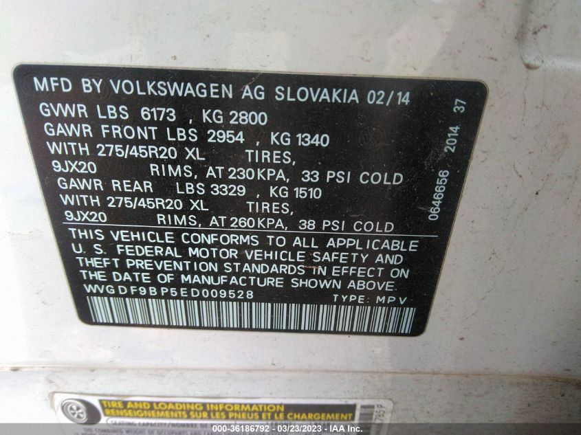 2014 VOLKSWAGEN TOUAREG R-LINE - WVGDF9BP5ED009528
