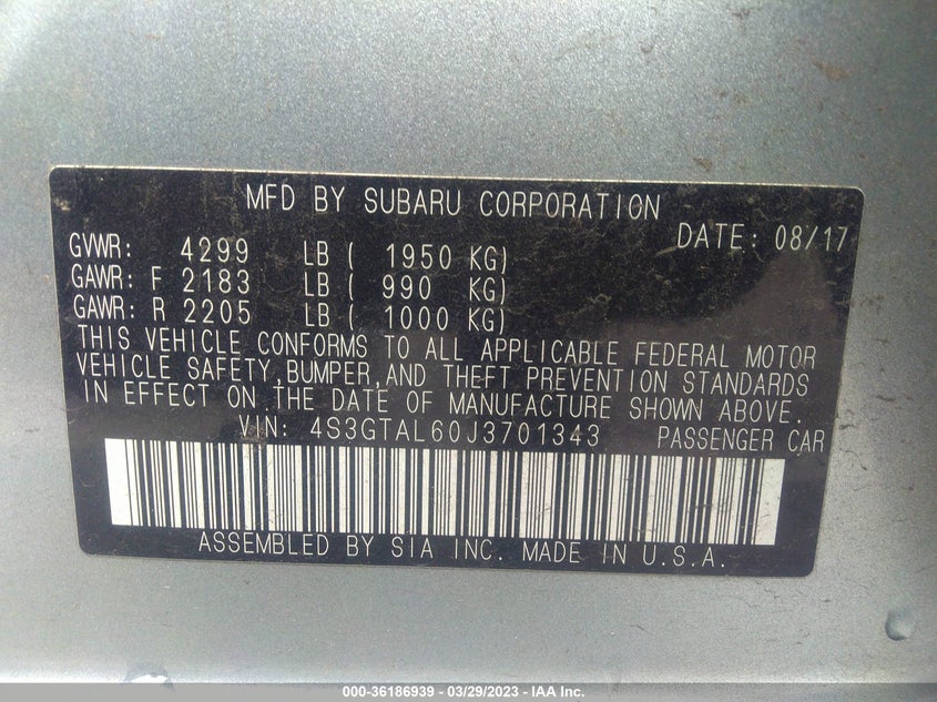 VIN 4S3GTAL60J3701343 2018 SUBARU IMPREZA SPORT