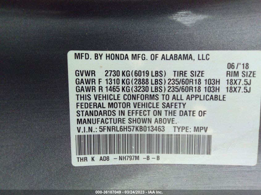 2019 HONDA ODYSSEY EX - 5FNRL6H57KB013463