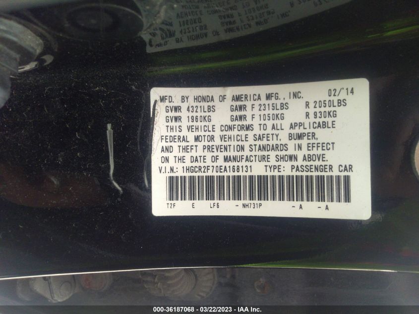 2014 HONDA ACCORD SEDAN EX - 1HGCR2F70EA168131