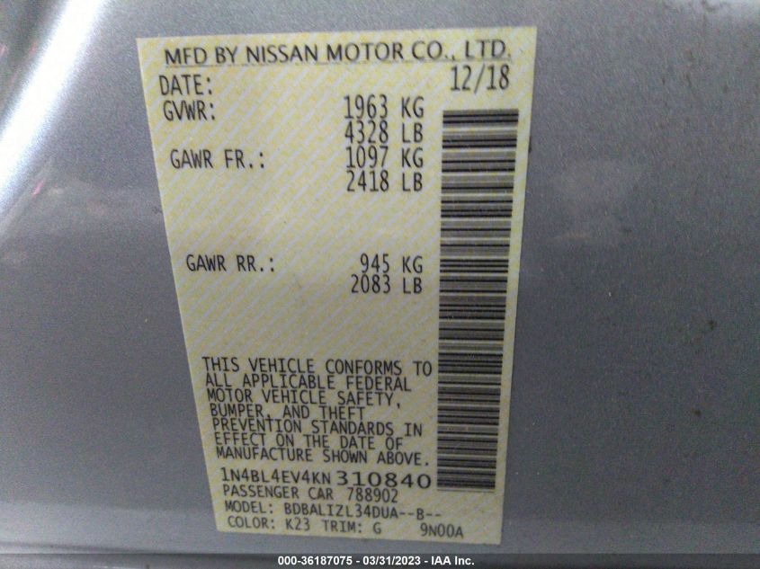 2019 NISSAN ALTIMA 2.5 SL - 1N4BL4EV4KN310840