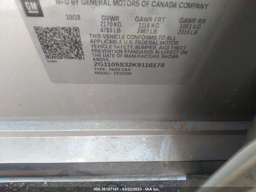 VIN 2G1105S32K9116178 2019 CHEVROLET IMPALA PREMIER