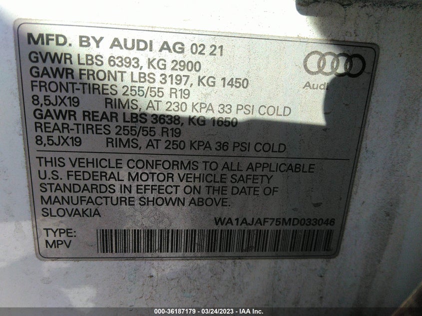 2021 AUDI Q7 2.0L I4 FI DOHC 16V (VIN: WA1AJAF75MD033046