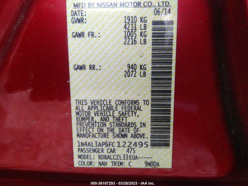 2015 NISSAN ALTIMA 2.5 - 1N4AL3AP6FC122495