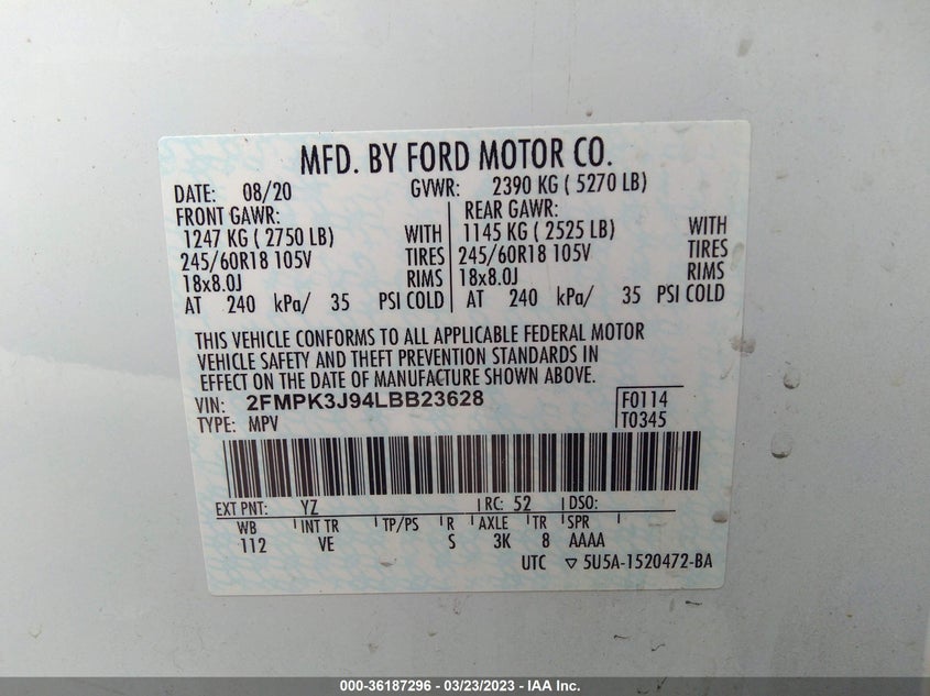 VIN 2FMPK3J94LBB23628 2020 FORD EDGE SEL