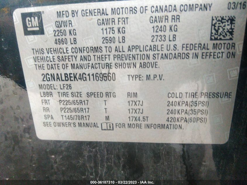 2016 CHEVROLET EQUINOX LS - 2GNALBEK4G1169560
